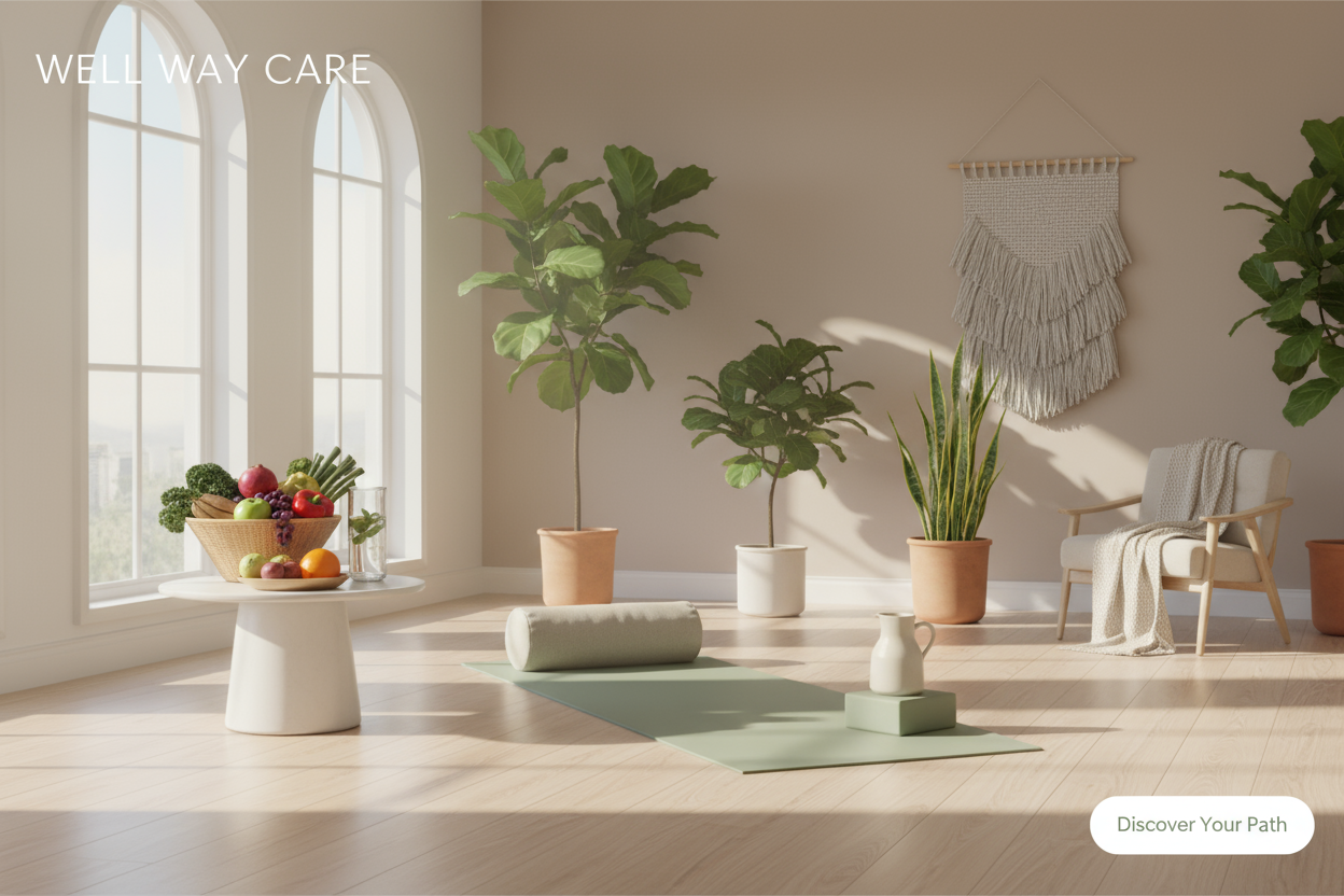 A homepage image that represents health and wellness with a store named well way care